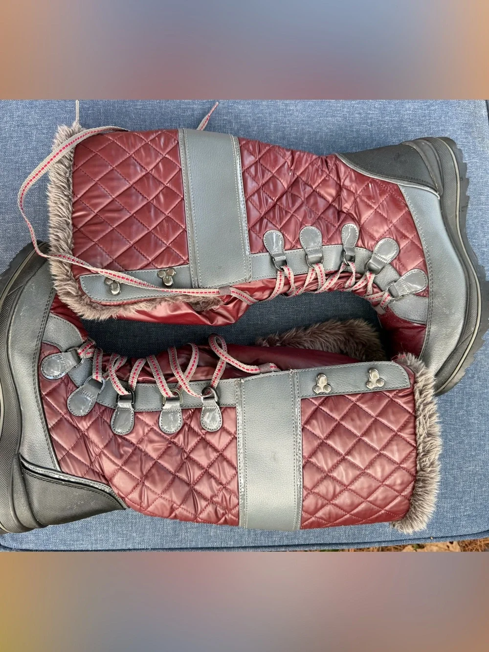 Women's Quilted Faux-Fur Winter Boots - Gray and Burgundy- waterproof